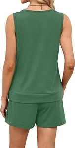 Back view of women's sleeveless dark green lounge set with tank top and casual shorts