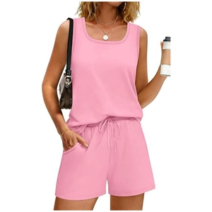 Pink casual summer set featuring sleeveless vest and drawstring shorts with side pockets