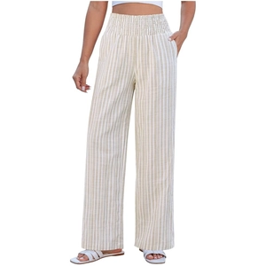 Women's high waist striped wide leg casual pants with elastic smocked waistline