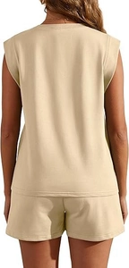 Rear view detail of a women's beige two-piece casual set with round neck tank and shorts