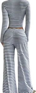 Back view of a striped two-piece lounge set with high-waisted wide-leg pants for women