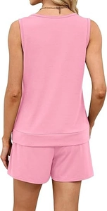 Rear view of a pink two-piece lounge set featuring a sleeveless top and casual shorts