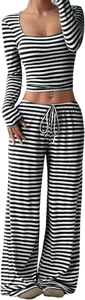 Detail of high waisted striped wide leg pants with drawstring and matching crop top