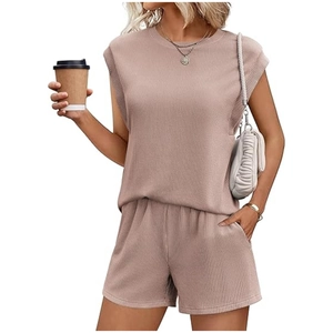 Close-up of ribbed knit fabric texture on women's casual two-piece summer shorts set