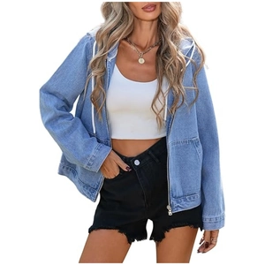 Women's Casual Hooded Denim Jacket Long Sleeve Zipper Washed Loose Fit Jean Coat With Drawstring And Pockets Streetwear Outwear