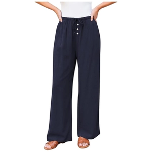 Women's high waist wide leg navy pants with adjustable drawstring and decorative buttons