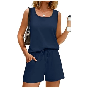 Detail view of navy blue tank top and drawstring shorts set with convenient side pockets