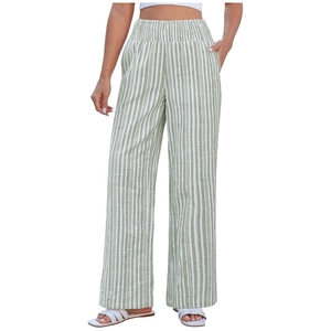 Women's green and white striped high waist wide leg pants with elastic waistband