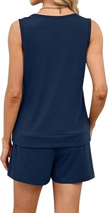 Rear view of women's navy blue two-piece lounge set with tank top and elastic shorts