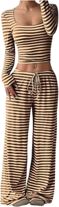 Detail view of the striped crop top square neckline and high waist drawstring trousers