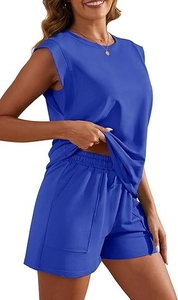 Close-up of royal blue summer set featuring elastic waistband and side pocket detail