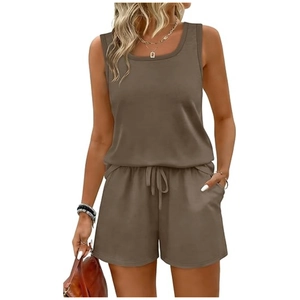 Women's summer two-piece lounge set with sleeveless tank top and drawstring shorts