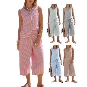 Women Striped Sleeveless Top And Wide Leg Pants Set Summer Beach Vacation Casual Outfit Polyester Viscose Top And Bottom