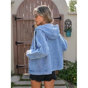Women's light blue hooded denim jacket with drawstring and front zipper closure
