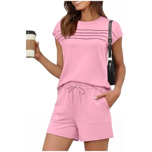 Pink two-piece summer casual set with pleated short sleeve T-shirt and drawstring shorts
