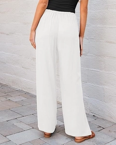 Rear view of women's high waisted white wide leg pants with elastic drawstring waist