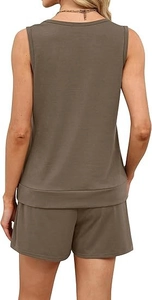 Detail view of the back of a taupe ribbed knit tank top and shorts set for women
