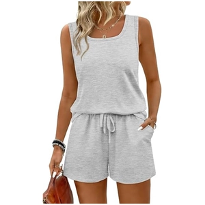 Detail view of light grey knit two-piece lounge set with drawstring shorts and tank top