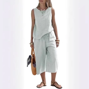 Women's summer 2-piece striped sleeveless top and wide-leg cropped pants beach set