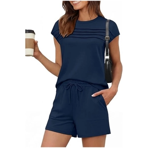 Women's casual navy two-piece set featuring short sleeve pleated top and drawstring shorts