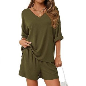 Women Casual V-neck Short Sleeve Top And Bottom Ribbed Knit Loose Summer Shorts Loungewear Polyester Spandex