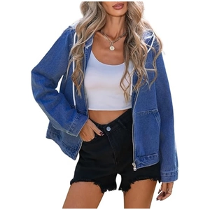 Women's casual hooded denim jacket in classic medium blue with metal zipper and drawstrings