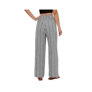 Detailed back view of high-waisted wide-leg trousers with vertical black and white stripes