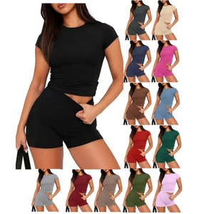 Women Solid Color Round Neck Short Sleeve Top And Bottom Slim Fit Casual Sports Shorts Summer Streetwear Fashion Clothing