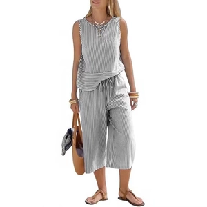 Women's summer striped two-piece set featuring sleeveless top and wide-leg crop pants