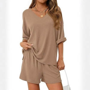 Women's ribbed 2-piece tan V-neck short sleeve top and loose shorts summer casual lounge set