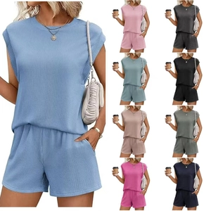 Women Sleeveless Ribbed Knit Lounge Set Casual Round Neck Top And Bottom With Pockets For Summer Beach Vacation Loungewear
