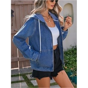 Women's casual blue hooded denim jacket with drawstring and zipper for a stylish look