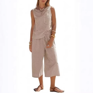 Women's 2-piece summer striped sleeveless top and wide-leg cropped pants set with pockets