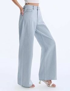 Detailed close-up of light blue wide-leg jeans featuring high-waist design and washed texture