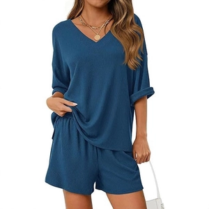 Women loose two-piece casual set with V-neck short sleeve top and shorts in navy blue ribbed fabric