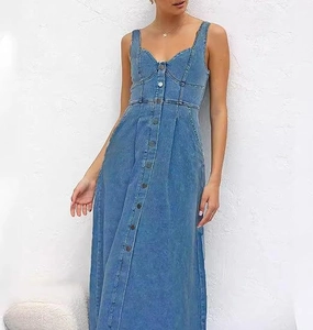 Détail de robe en jean avec décolleté en cœur et boutons métalliques sur le devant