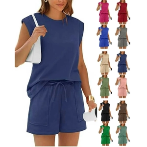 Women Casual Sleeveless Crew Neck Top And Pocket Shorts Summer Solid Color Shoulder Pad Outfit Loungewear