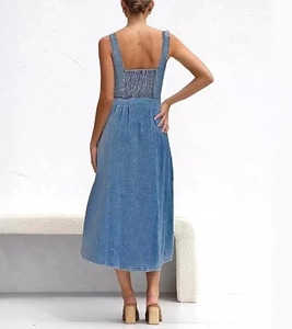 Vue détaillée du dos d'une robe midi en jean bleu délavé avec smocks élastiques