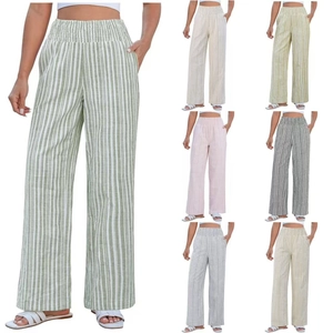 Women's Striped High Waisted Wide Leg Pants Smocked Elastic Waist Casual Loose Straight Trousers With Pockets Streetwear