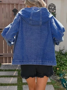 Rear view of a casual hooded dark blue denim jacket with drawstring and raw edge shorts