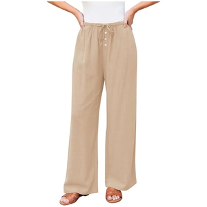 Detail of high-waisted khaki wide-leg pants with drawstring waist and decorative buttons