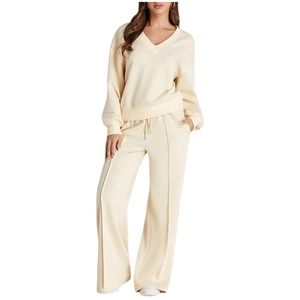 Women's 2-piece lounge set with V-neck sweatshirt and drawstring wide-leg pants in beige