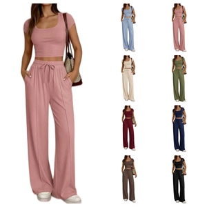 Completo Donna Casual a Costine con Crop Top a Manica Corta e Pantaloni a Gamba Larga a Vita Alta Comodo Lounge Co-ords