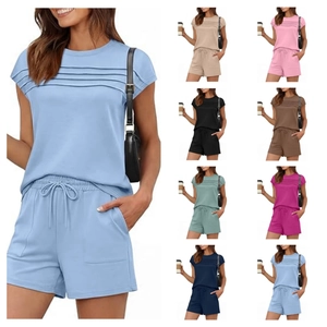 Women's Casual Summer Top And Shorts Pleated Round Neck Short Sleeve T-Shirt And Drawstring Shorts Solid Color Lounge Outfit