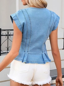 Detailed back view of light blue denim vest showing princess seams and peplum hem
