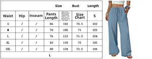 Detailed size guide for women high waisted wide leg pants showing S to 2XL measurements
