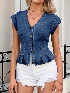 Detail view of deep blue denim vest featuring a V-neck, brown buttons, and slim pleated waist