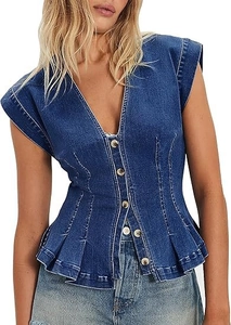 Detailed view of dark blue denim vest with deep V-neck and ruffled hem silhouette