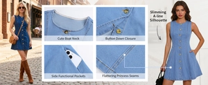 Detail view of denim dress with boat neck, buttons, side pockets, and A-line cut