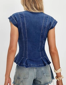 Rear view of a blue denim vest showing structured contrast stitching and peplum hem detail